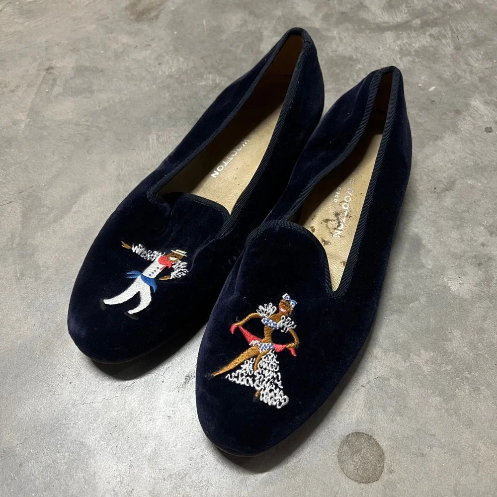 Stubbs & Wootton Navy Embroidered Dancer Couple Slippers Loafers Size 9 Spain